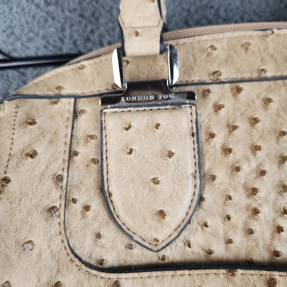 Ostrich Embossed Ivory Brown Purse Satchel Handbag w/ Shoulder Strap London Fog‎